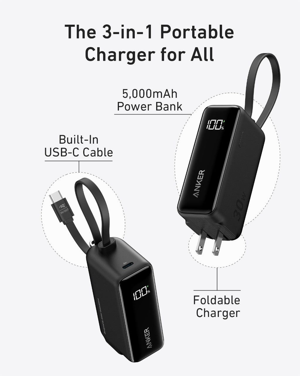 Anker Power Bank (30W, Fusion, Built-In USB-C Cable) image 1