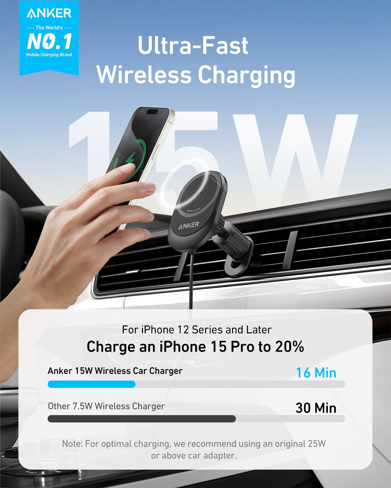 Anker MagGo Wireless Car Charger (Pad, Built-In USB-C Cable) image 1