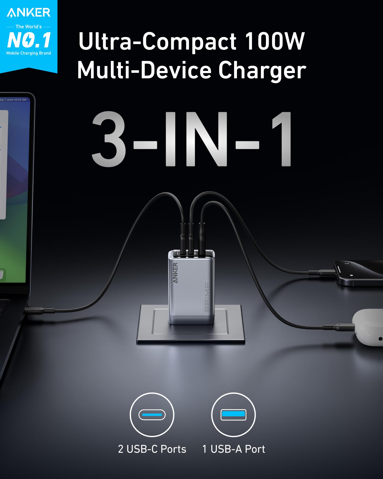 Anker Prime Charger (100W, 3 Ports, GaN) image 1