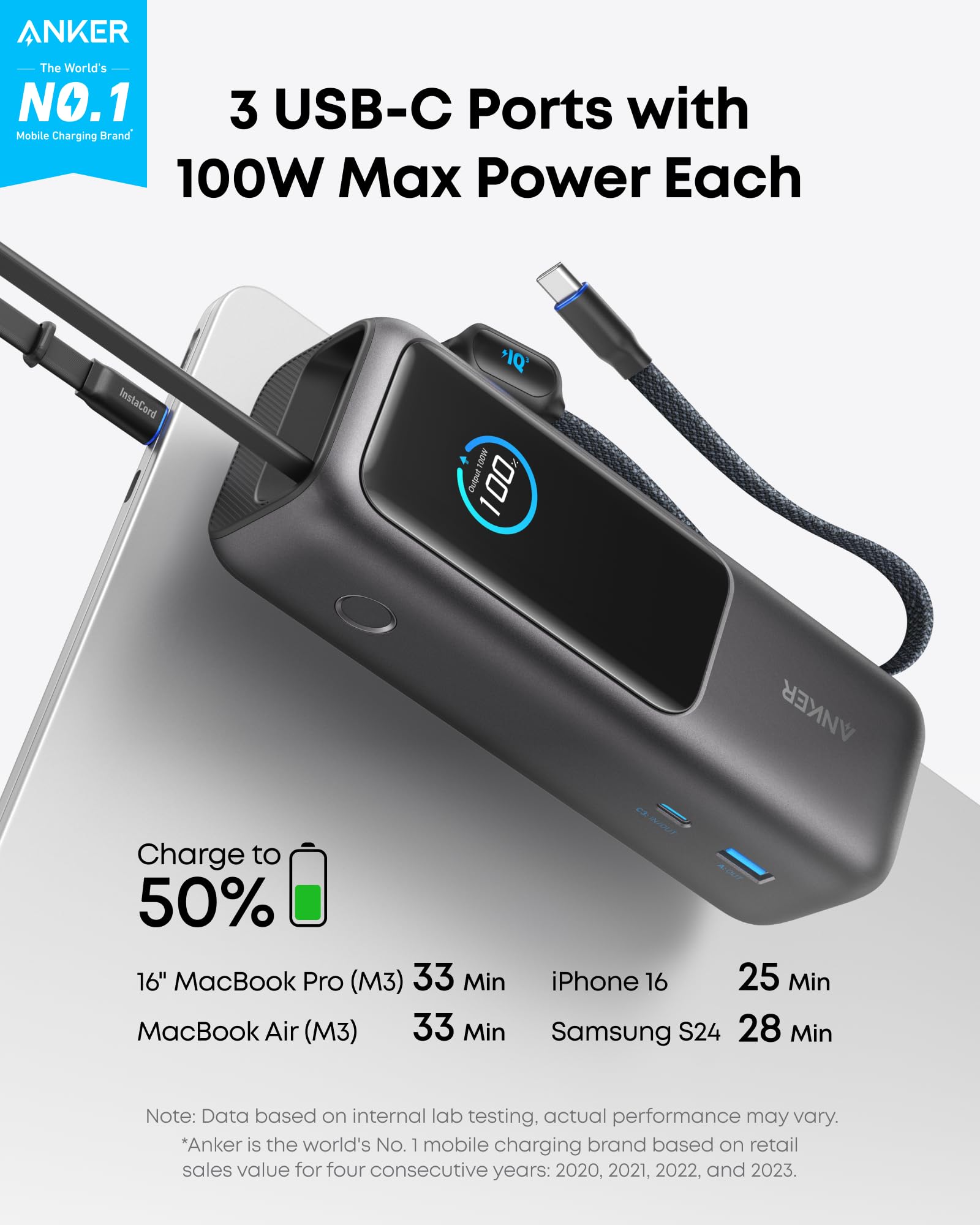 Anker Power Bank (25K, 165W, Built-In and Retractable Cables) image 1