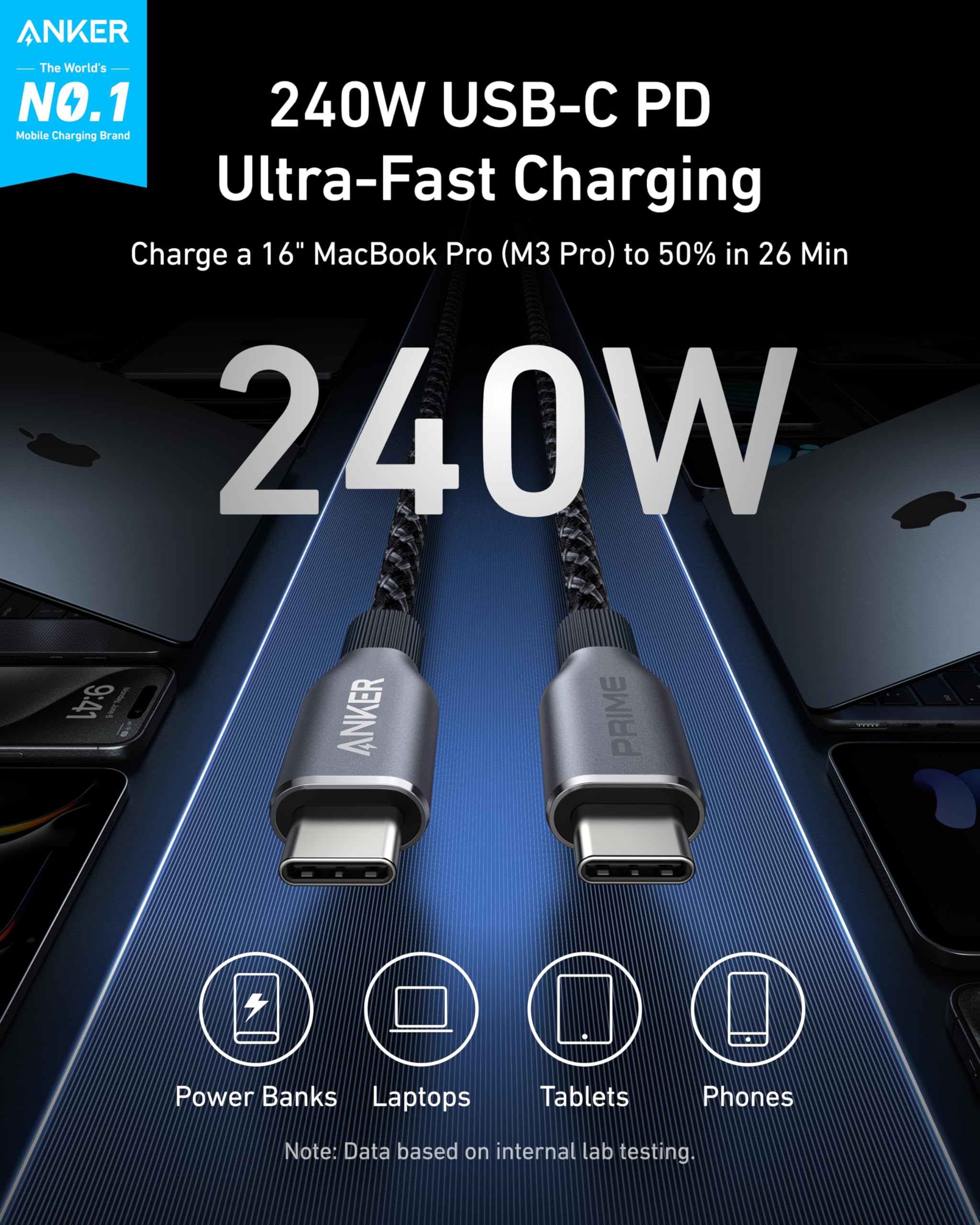 Anker Prime USB-C to USB-C Cable (240W, Upcycled-Braided) image 1