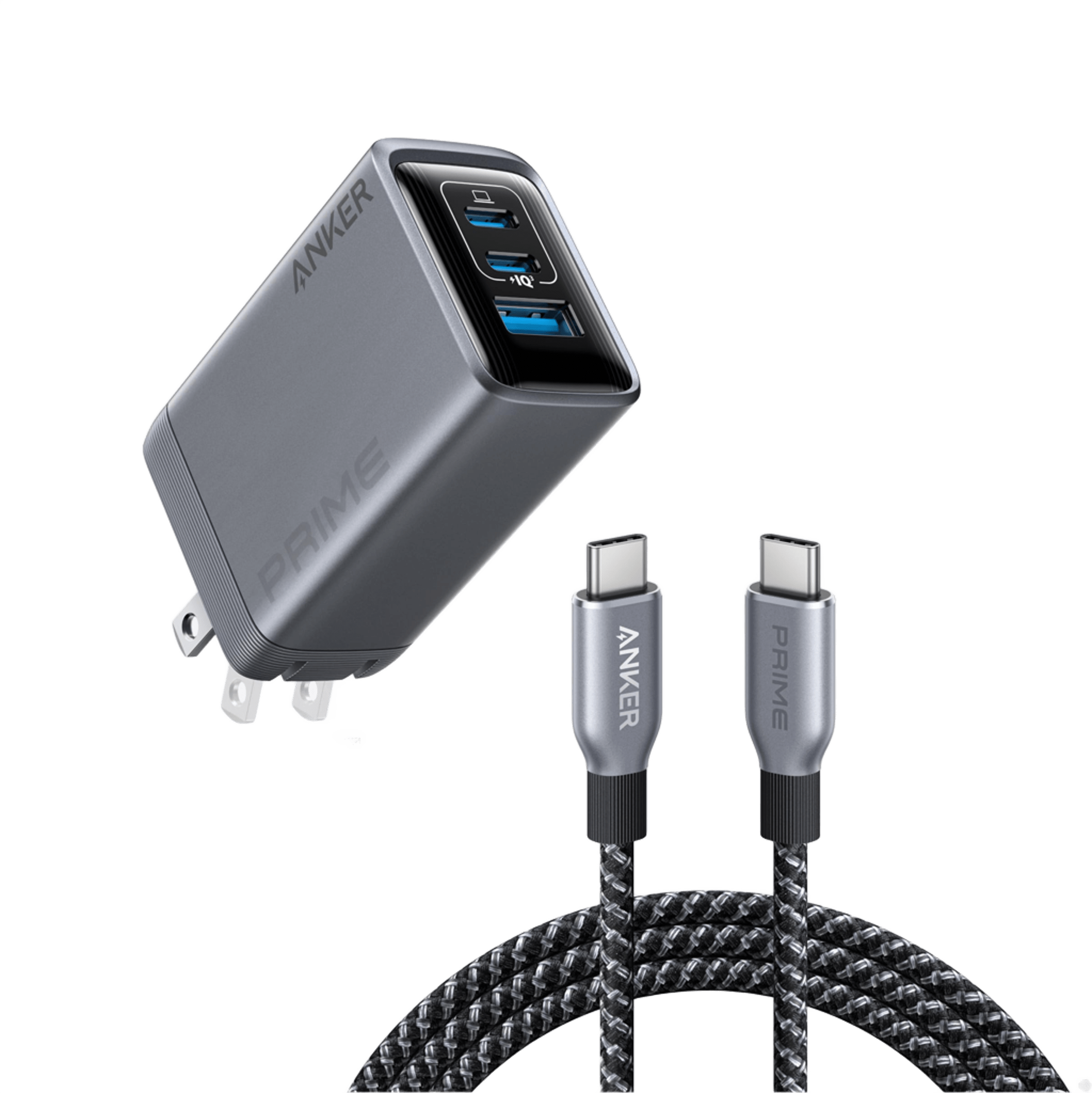 Anker Prime Charger (100W, 3 Ports, GaN) and Anker Prime USB-C to USB-C Cable (240W, 6 ft, Upcycled-Braided) image 0