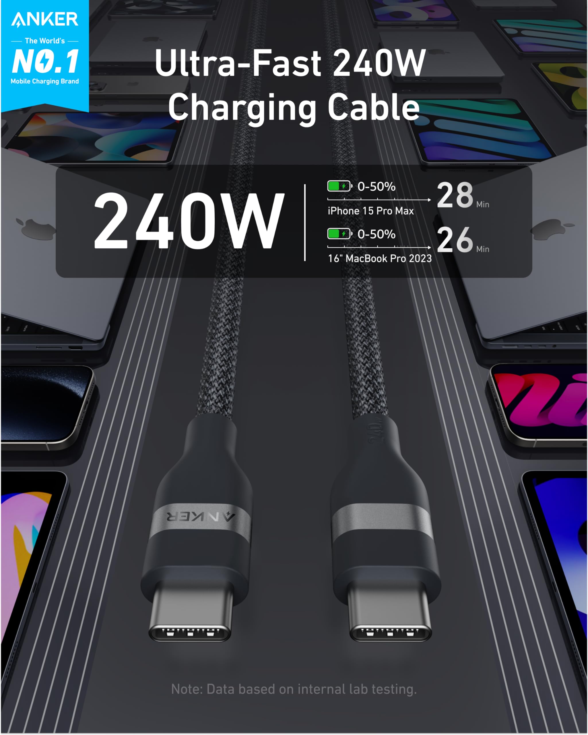 Anker USB-C to USB-C Cable (3 ft / 6 ft, 240W, Upcycled-Braided) image 1
